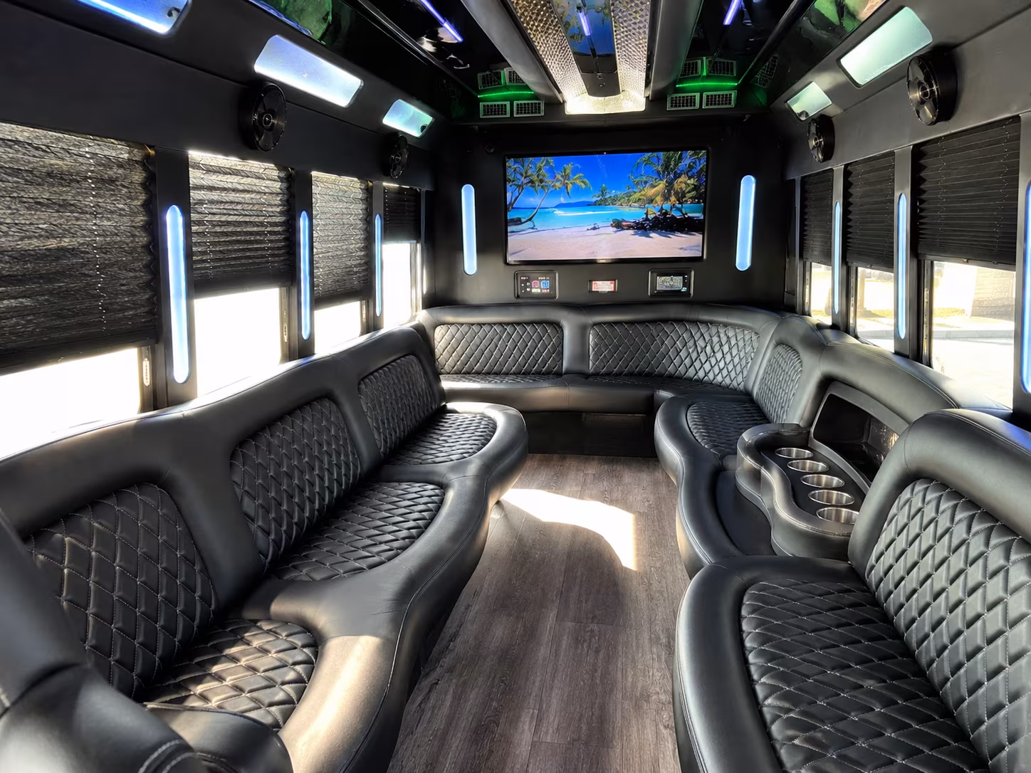 Wedding guests seated inside a party bus serving Temecula